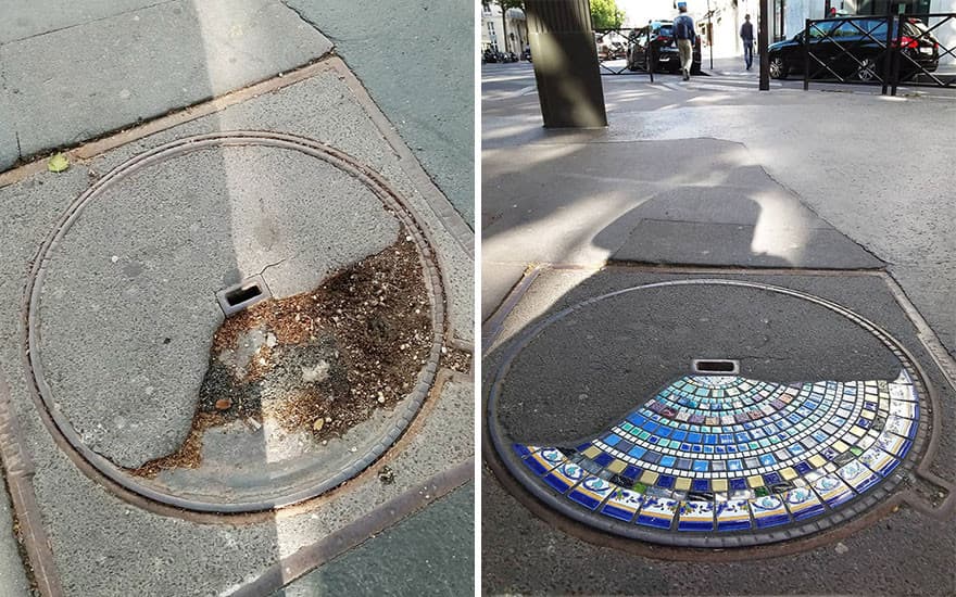 Un humilde artista callejero llena baches con coloridos mosaicos
