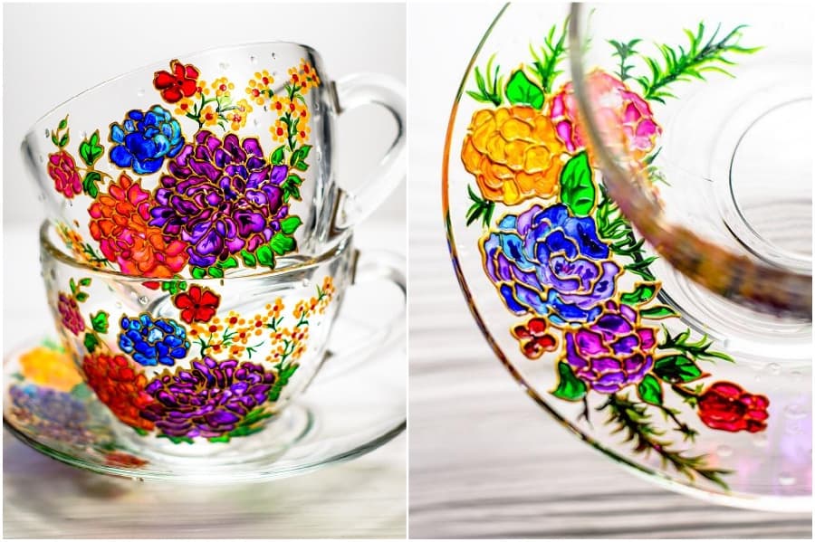 Tazas y teteras de vidrio pintadas a mano con flores de inspiración vintage que alegrarán tu día His Beauty