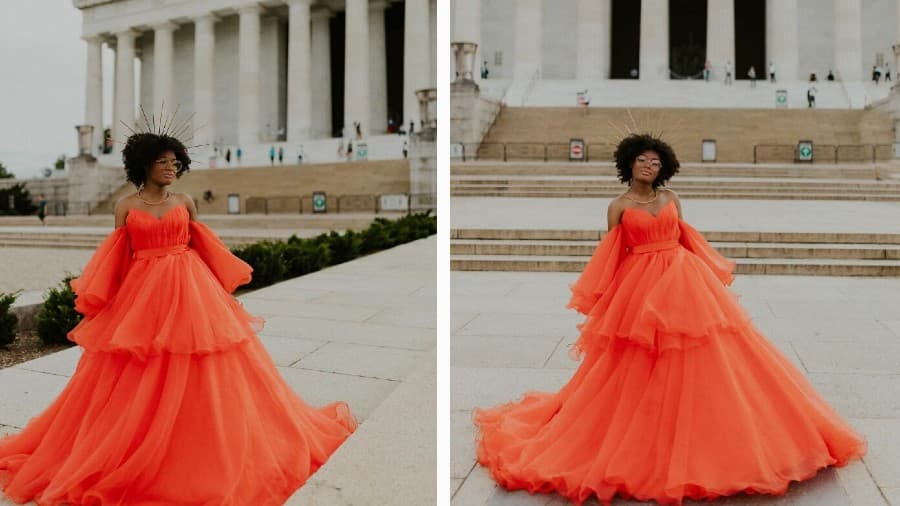 Cómo el atuendo festivo de una joven de 18 años se volvió viral en una sesión de fotos en el Monumento a Washington