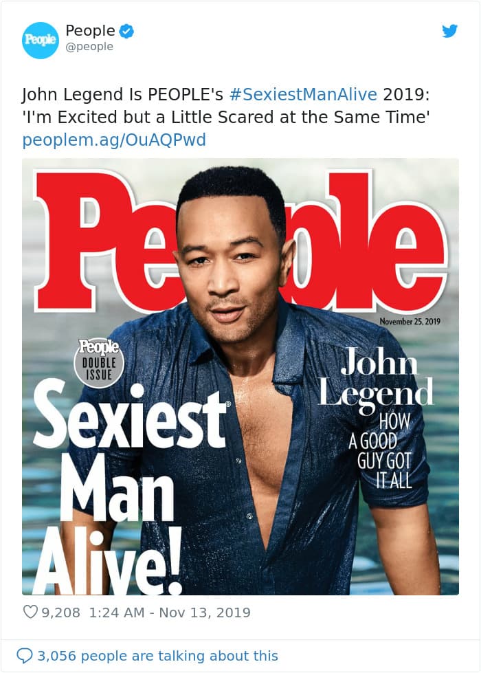 Revista People |: John Legend es nombrado el hombre vivo más sexy de 2019, su esposa Chrissy Teigen se convierte en su mayor troll | su belleza