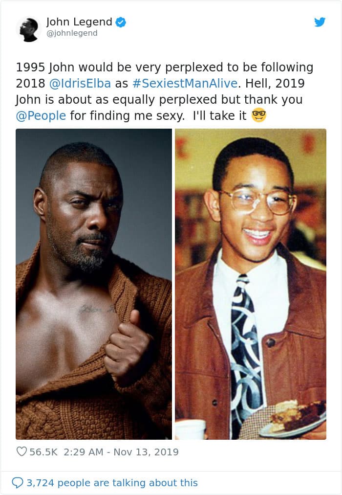 1995 John y 2018 Idris Elba John Legend nombrados el hombre vivo más sexy de 2019, su esposa Chrissy Teigen se convierte en su mayor troll | su belleza