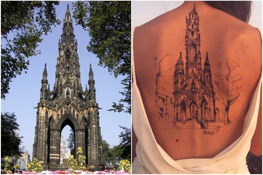 Monumento a Walter Scott en Edimburgo | Artista utiliza su cuerpo como lienzo para bocetos arquitectónicos Su Belleza