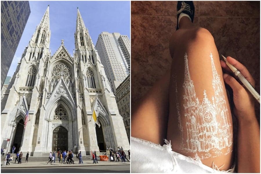 Catedral de San Patricio en Nueva York | Artista utiliza su cuerpo como lienzo para bocetos arquitectónicos Su Belleza