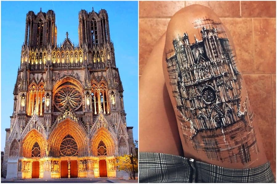 Notre-Dame de Reims | Artista utiliza su cuerpo como lienzo para bocetos arquitectónicos Su Belleza