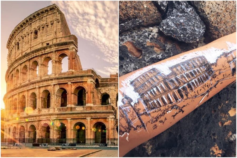 Coliseo Romano | Artista utiliza su cuerpo como lienzo para bocetos arquitectónicos Su Belleza