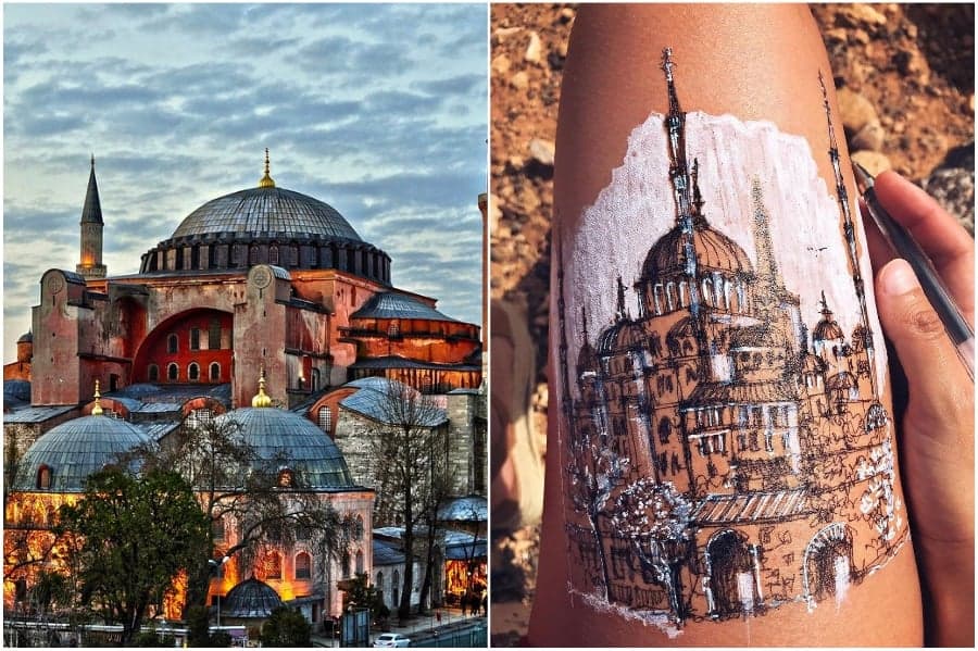 Catedral de Santa Sofía en Estambul | Artista utiliza su cuerpo como lienzo para bocetos arquitectónicos Su belleza