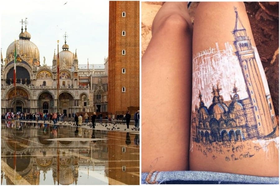 Catedral de San Marcos en Venecia, Italia | Artista utiliza su cuerpo como lienzo para bocetos arquitectónicos Su belleza