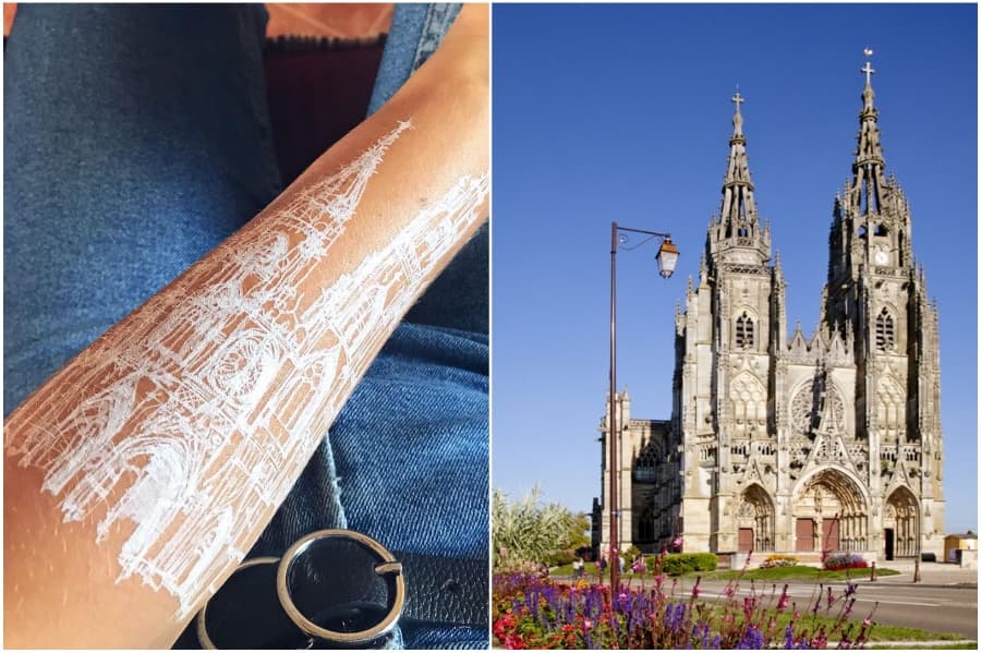 L'Épine, La Basilique de Notre-Dame | Artista utiliza su cuerpo como lienzo para bocetos arquitectónicos Su Belleza