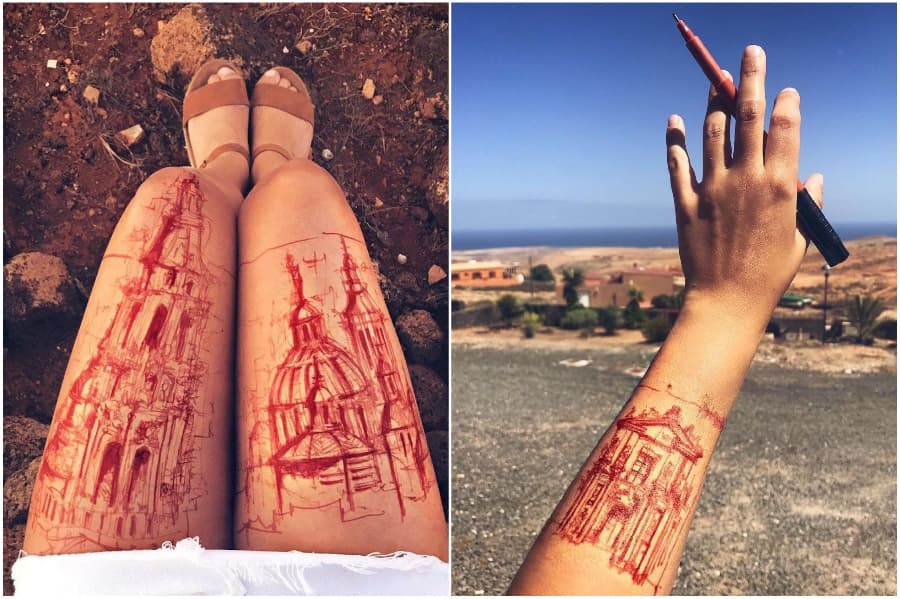 Tatuaje rojo | Artista utiliza su cuerpo como lienzo para bocetos arquitectónicos Su Belleza