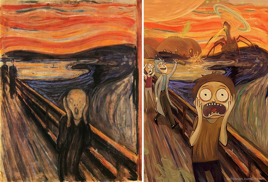 El artista transforma obras de arte clásicas en evocadoras pinturas de personajes de la cultura pop.