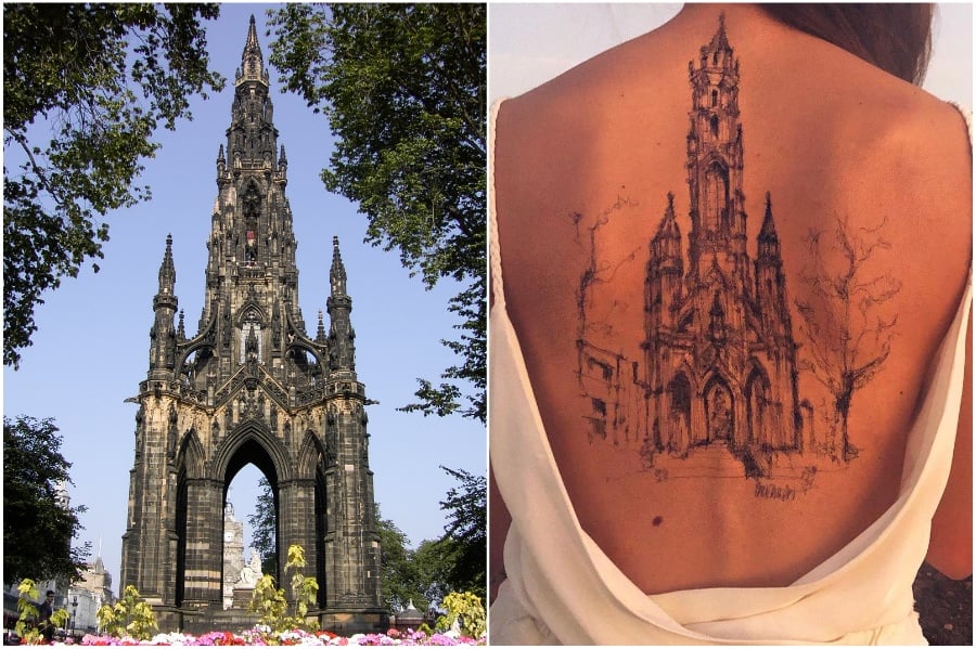 Monumento a Walter Scott en Edimburgo | Artista utiliza su cuerpo como lienzo para bocetos arquitectónicos Su Belleza